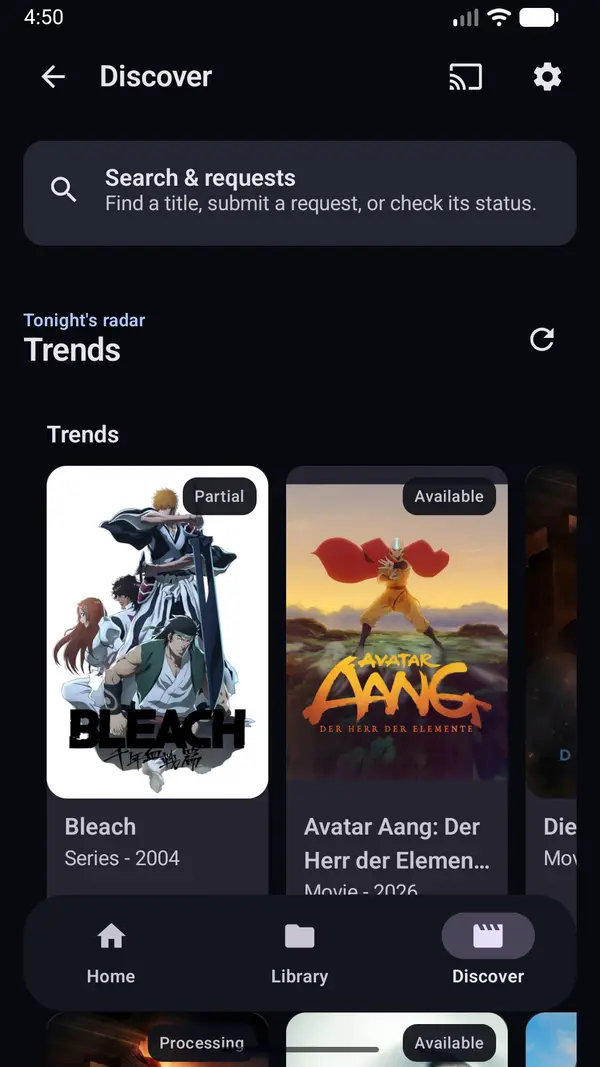 Discover screen browsing movies and series
