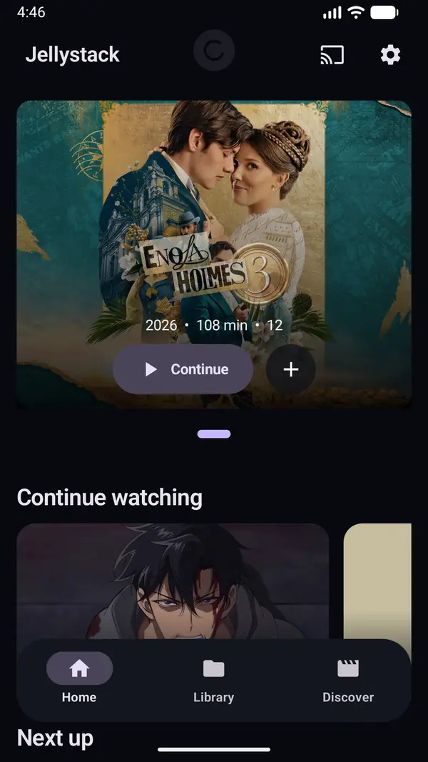 Jellystack home screen with media spotlight and continue watching